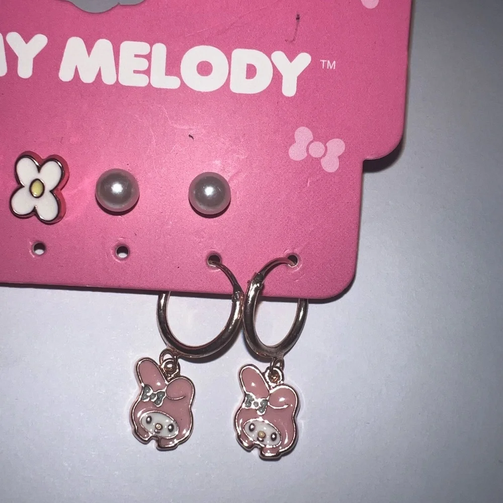 NWT sanrio earrings set of 4 my melody pearl hearts flowers card gift girls lot